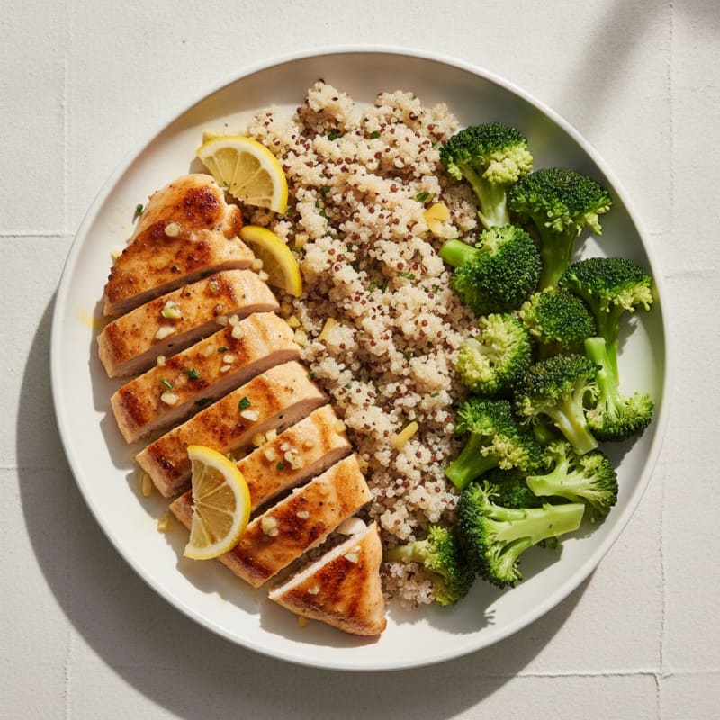 Grilled Lemon Garlic Chicken Breast with Quinoa and Steamed Broccoli
