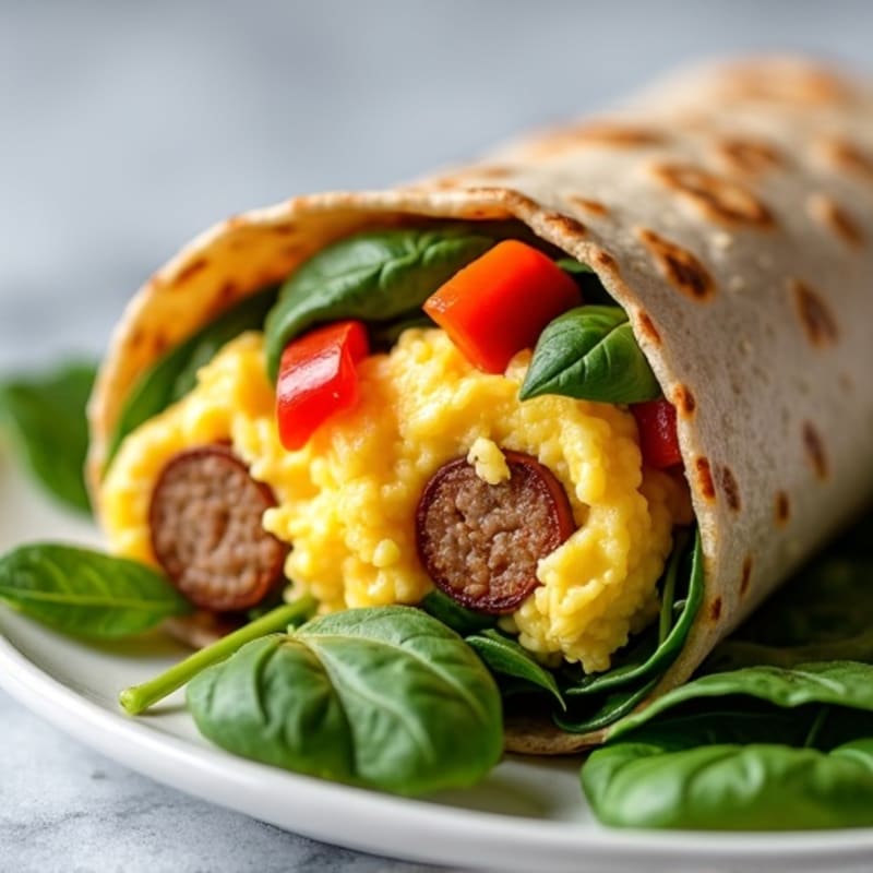 Fluffy Egg and Lean Turkey Sausage Breakfast Burrito with Sautéed Spinach and Bell Peppers