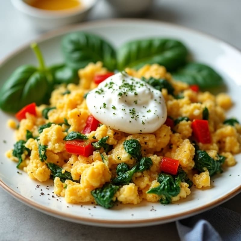Hearty Fluffy Scrambled Eggs with Fresh Spinach and Bell Peppers
