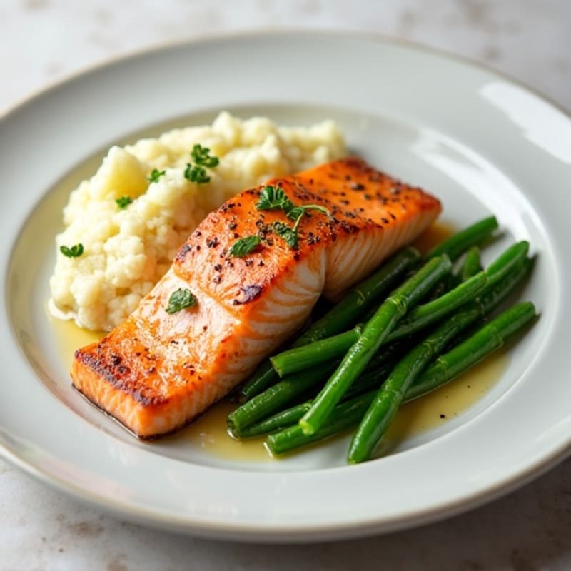 Seared Salmon with Steamed Green Beans and Garlic Cauliflower Mash