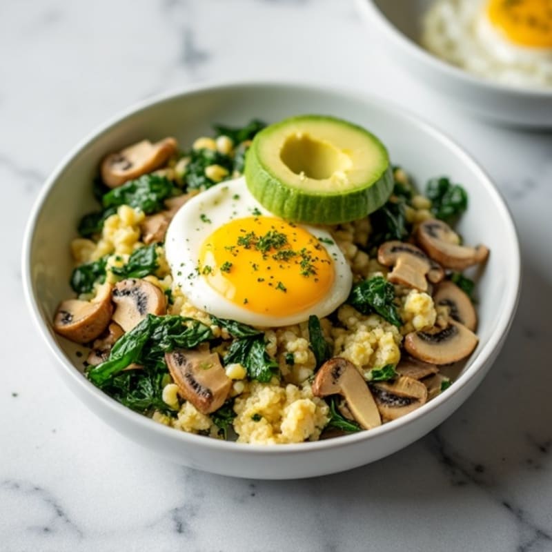 Egg White and Spinach Scramble with Smoked Turkey and Sautéed Mushrooms