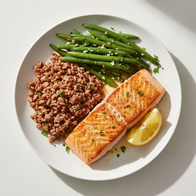 Seared Salmon with Garlic Green Beans and Brown Rice