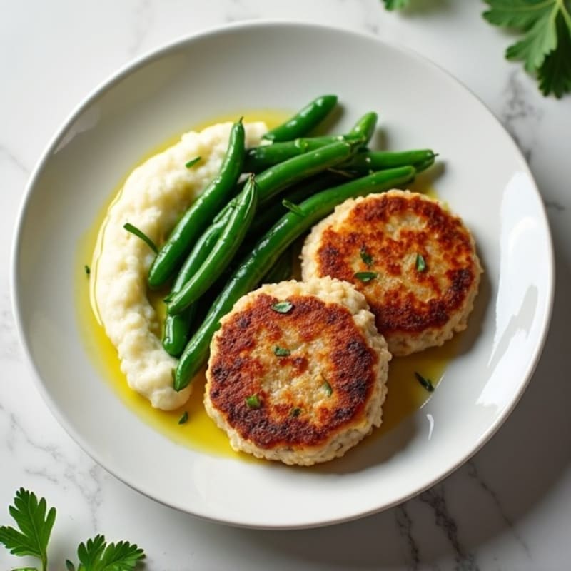 Seared Turkey Patties with Garlic Green Beans and Cauliflower Mash