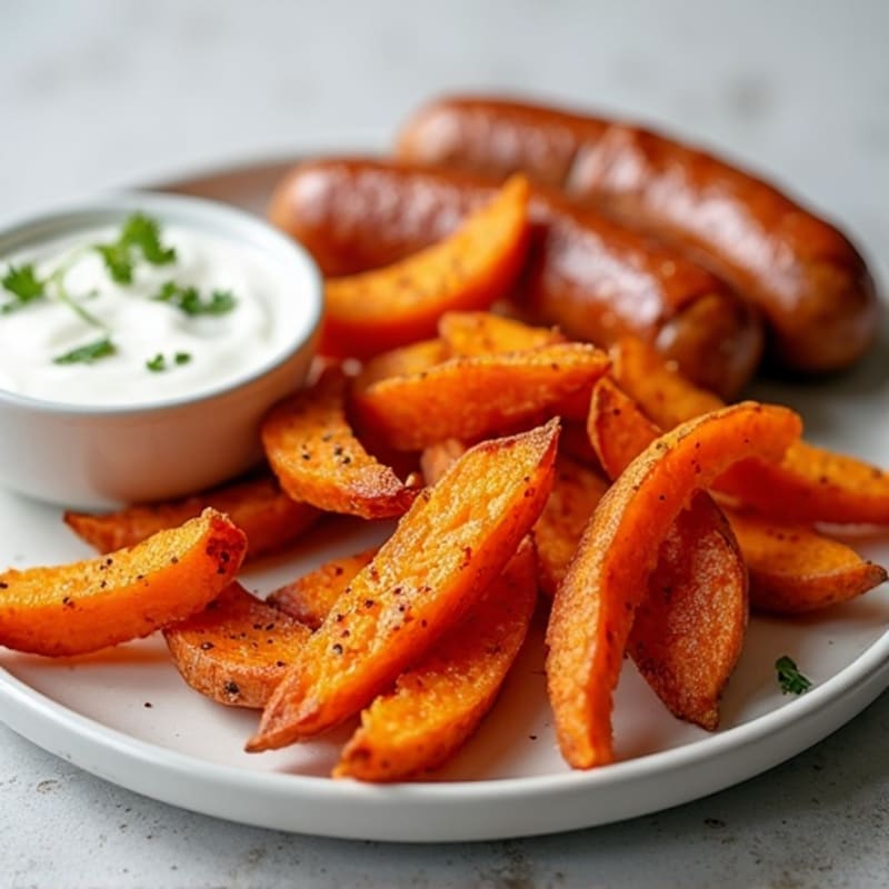 Crispy Baked Sweet Potato Fries with Maple-Garlic Seasoning and Turkey Sausage with Greek Yogurt Dip