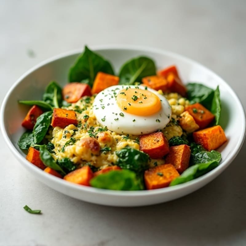 Egg White Spinach Scramble with Cottage Cheese and Roasted Sweet Potato
