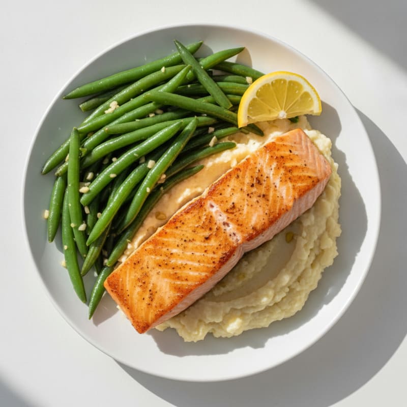 Seared Salmon with Garlic Green Beans and Cauliflower Mash