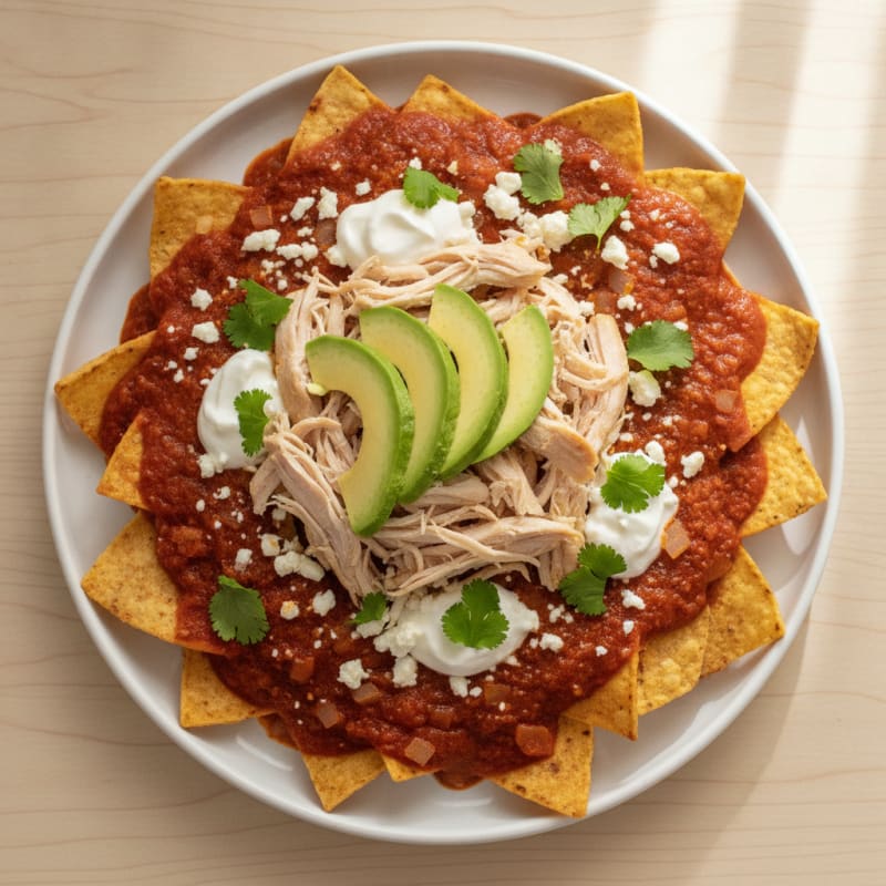 Chicken Chilaquiles with Red Chile Sauce