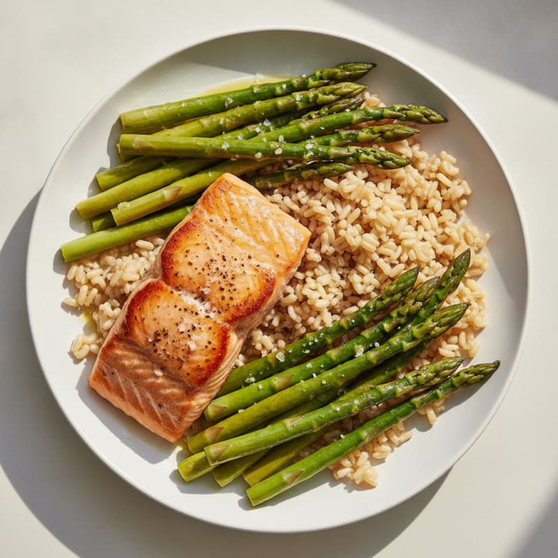 Seared Salmon with Steamed Asparagus and Brown Rice