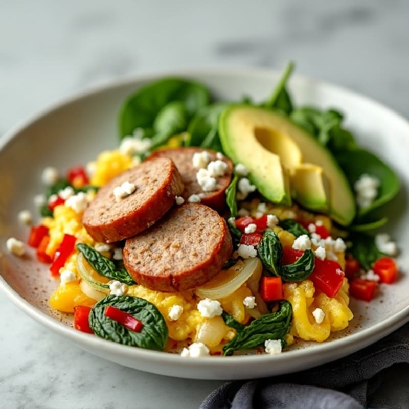 Egg White Spinach Scramble with Turkey Sausage and Sautéed Peppers