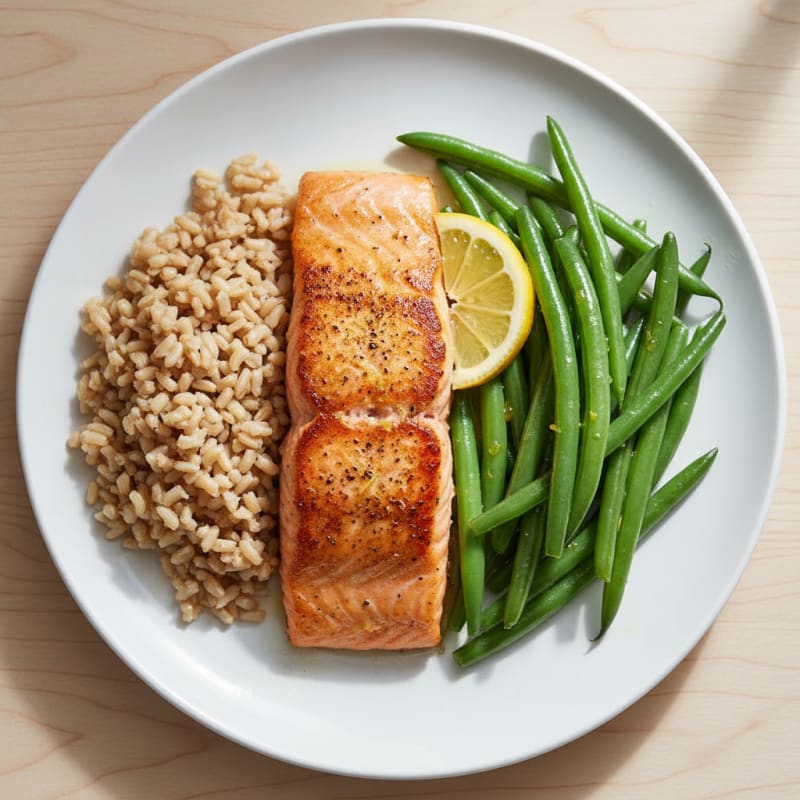 Seared Salmon with Steamed Green Beans and Brown Rice