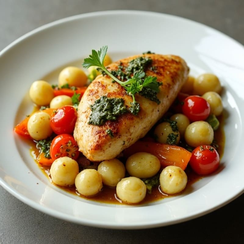 Chicken and Roasted Vegetable Gnocchi with Fresh Pesto