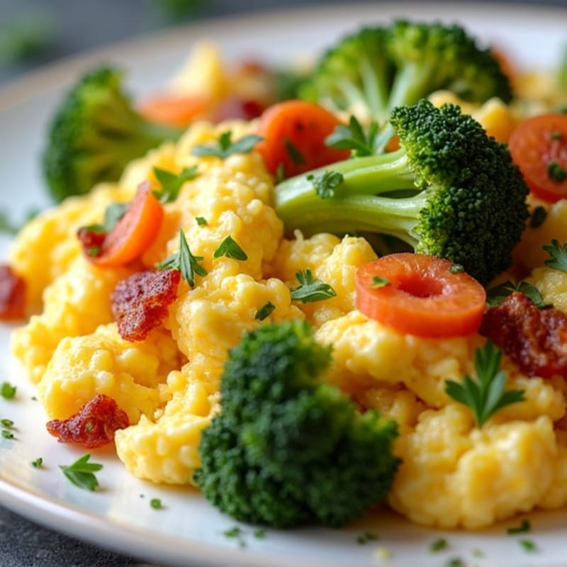 Scrambled Eggs with Crispy Bacon and Broccoli