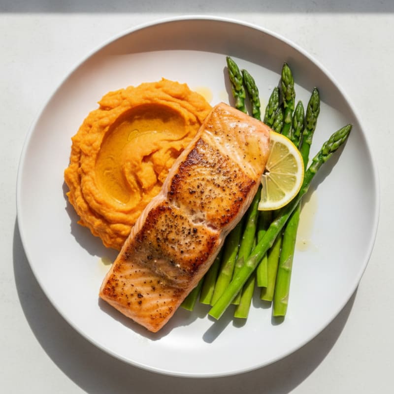 Seared Salmon with Steamed Asparagus and Sweet Potato Mash