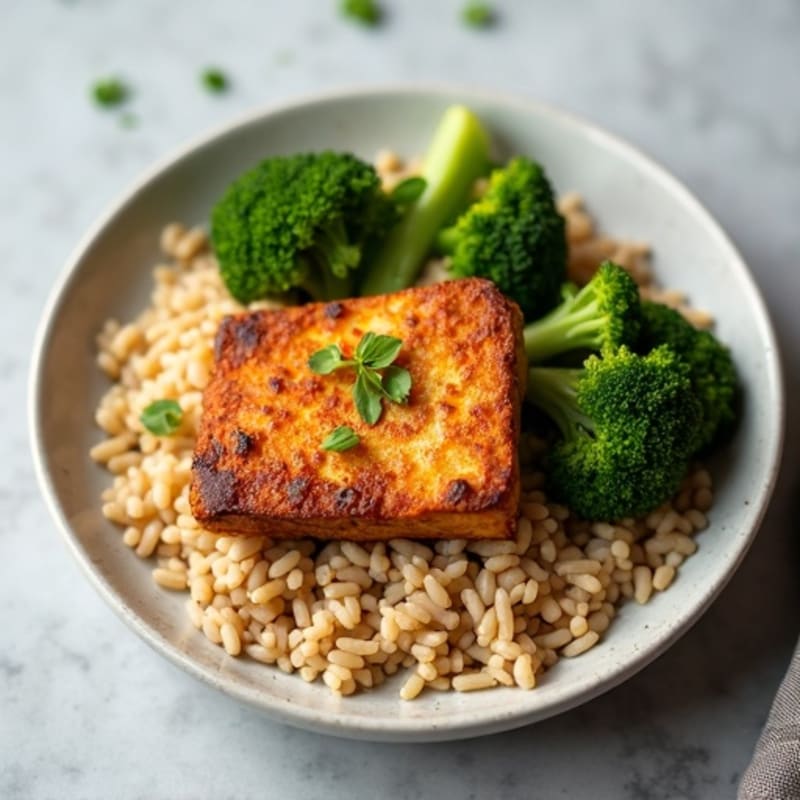 Crispy Baked Tofu with Roasted Broccoli and Brown Rice