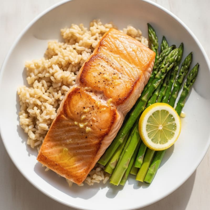 Seared Salmon with Steamed Asparagus and Brown Rice