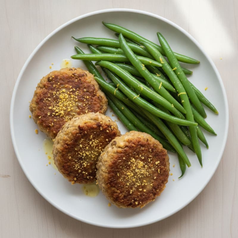 Lentil and Walnut Protein Patties with Steamed Green Beans
