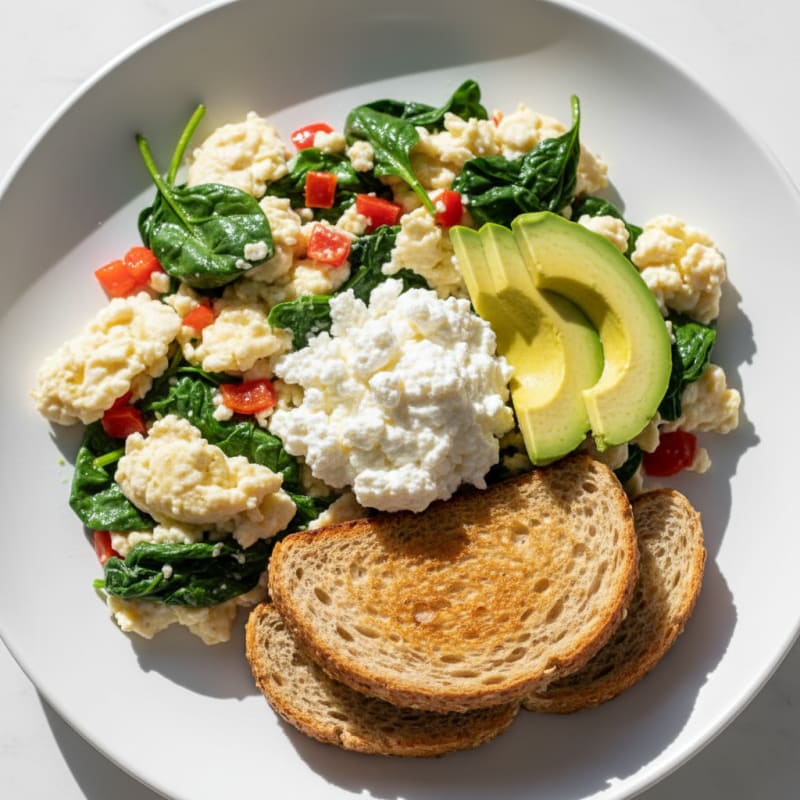 Egg White Veggie Scramble with Cottage Cheese and Spinach