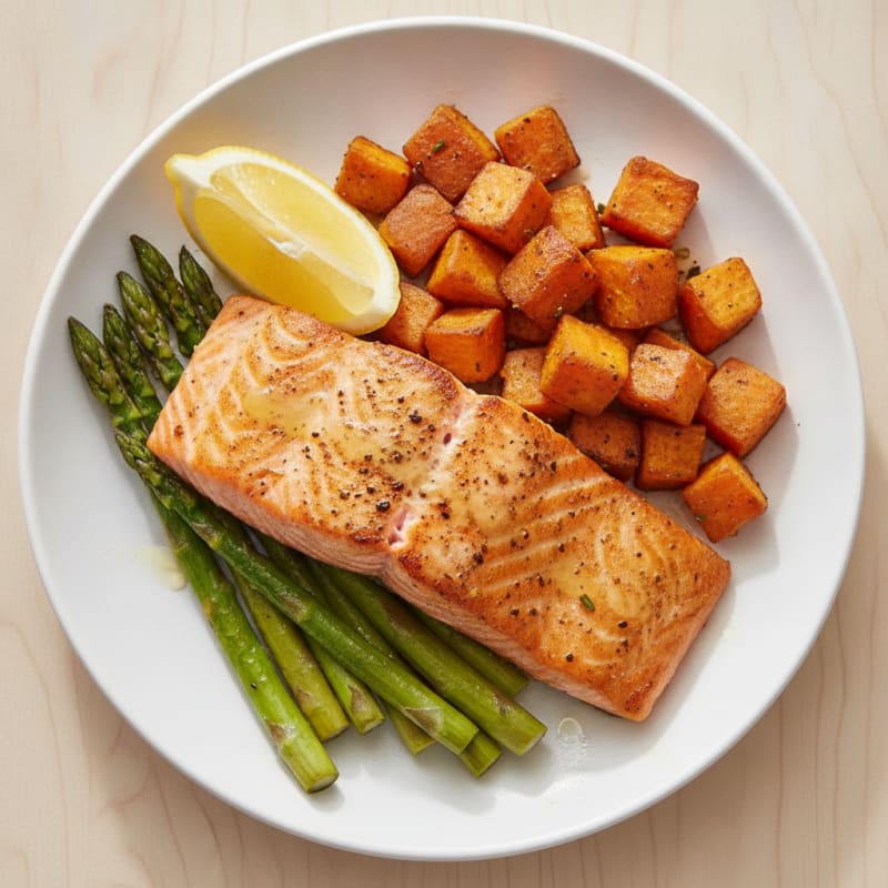 Seared Salmon with Roasted Sweet Potatoes and Asparagus