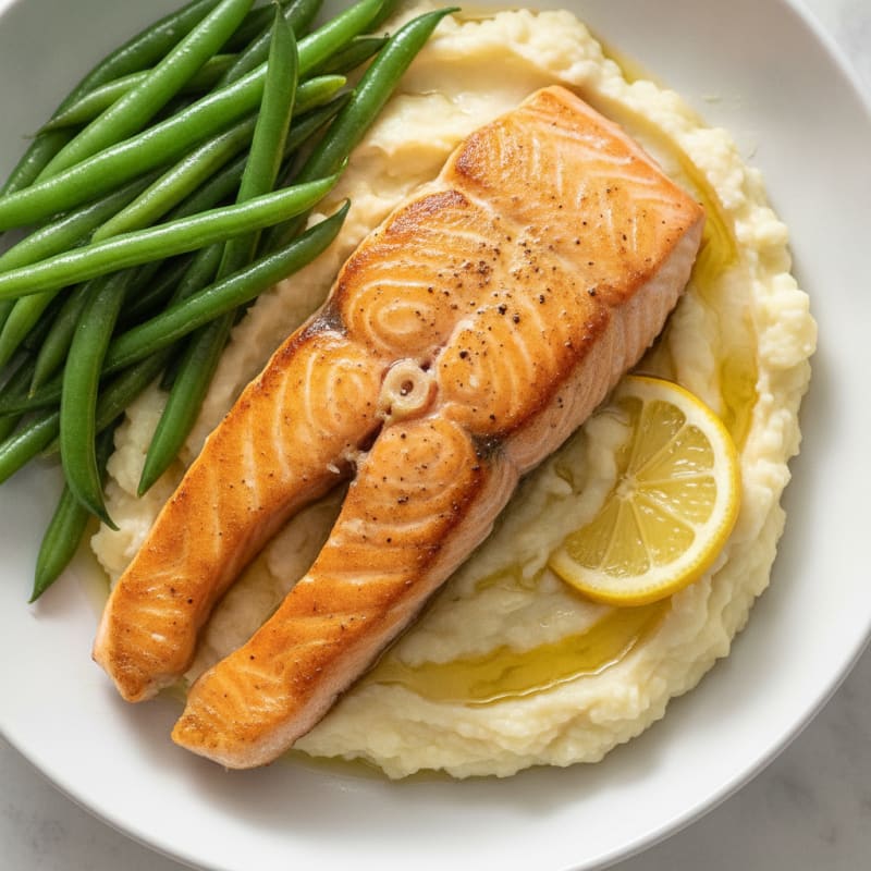 Seared Salmon with Steamed Green Beans and Garlic Mashed Cauliflower