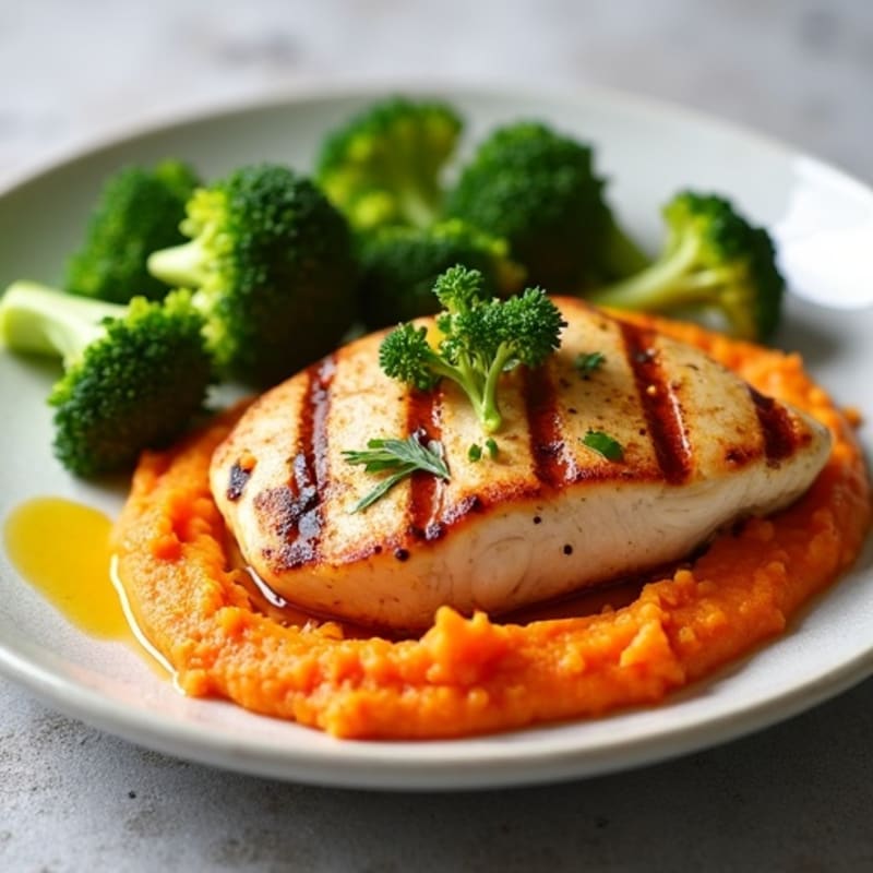Grilled Chicken Breast with Steamed Broccoli and Carrot Mash