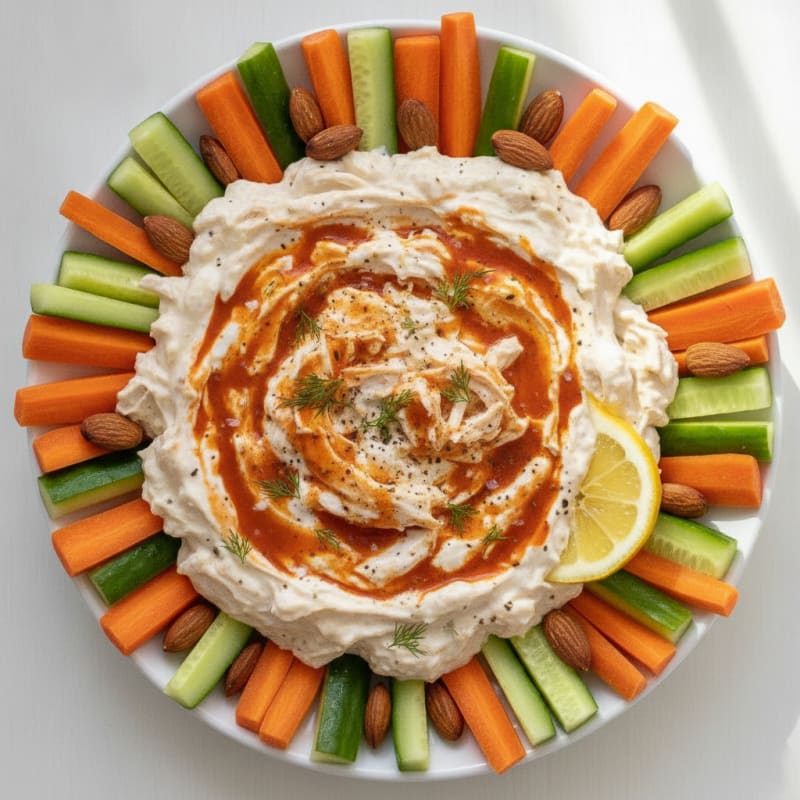 High-Protein Buffalo Chicken Veggie Dip Plate