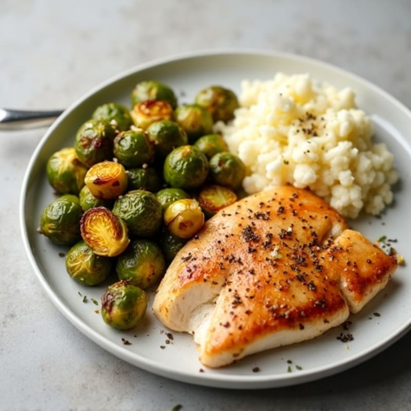 Seared Chicken Breast with Roasted Brussels Sprouts and Garlic Mashed Cauliflower