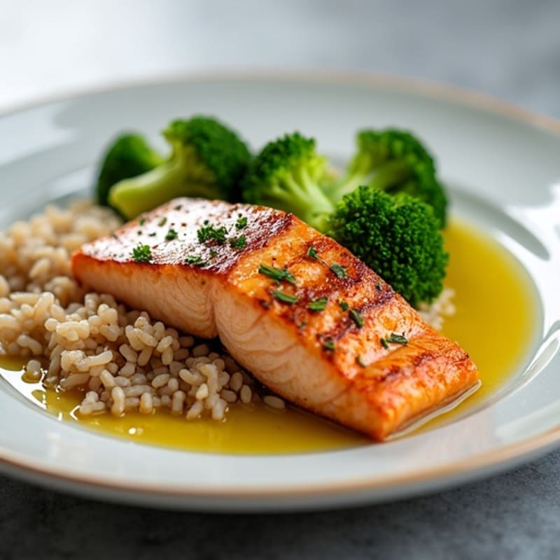 Seared Salmon with Steamed Broccoli and Brown Rice