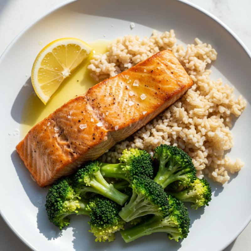 Seared Salmon with Steamed Broccoli and Brown Rice
