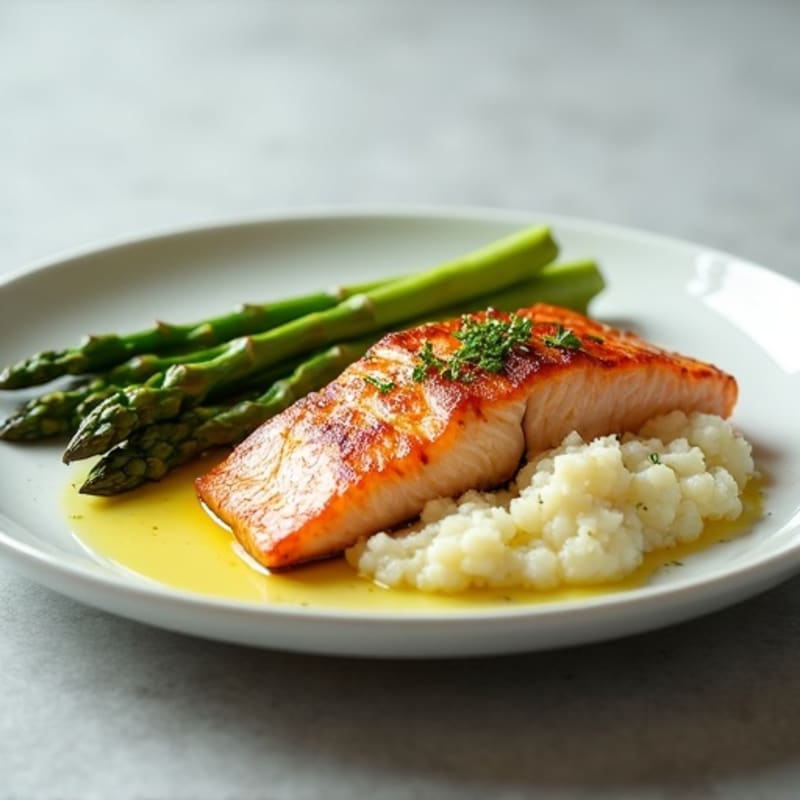Seared Salmon with Steamed Asparagus and Cauliflower Mash