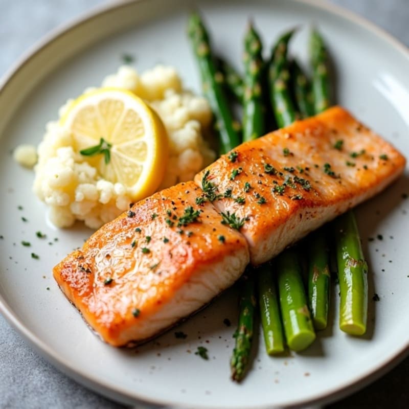 Seared Salmon with Steamed Asparagus and Garlic Mashed Cauliflower