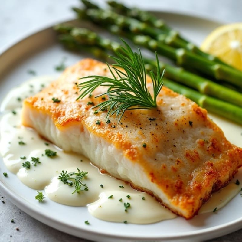Crispy Pan-Seared Halibut with Creamy Lemon-Dill Sauce and Roasted Asparagus