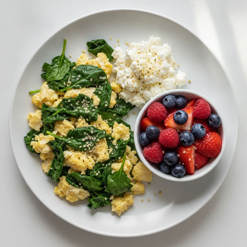 Egg White and Spinach Scramble with Cottage Cheese and Fresh Berries