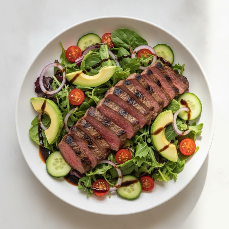 Grilled Beef Steak Salad with Cherry Tomatoes and Mixed Greens