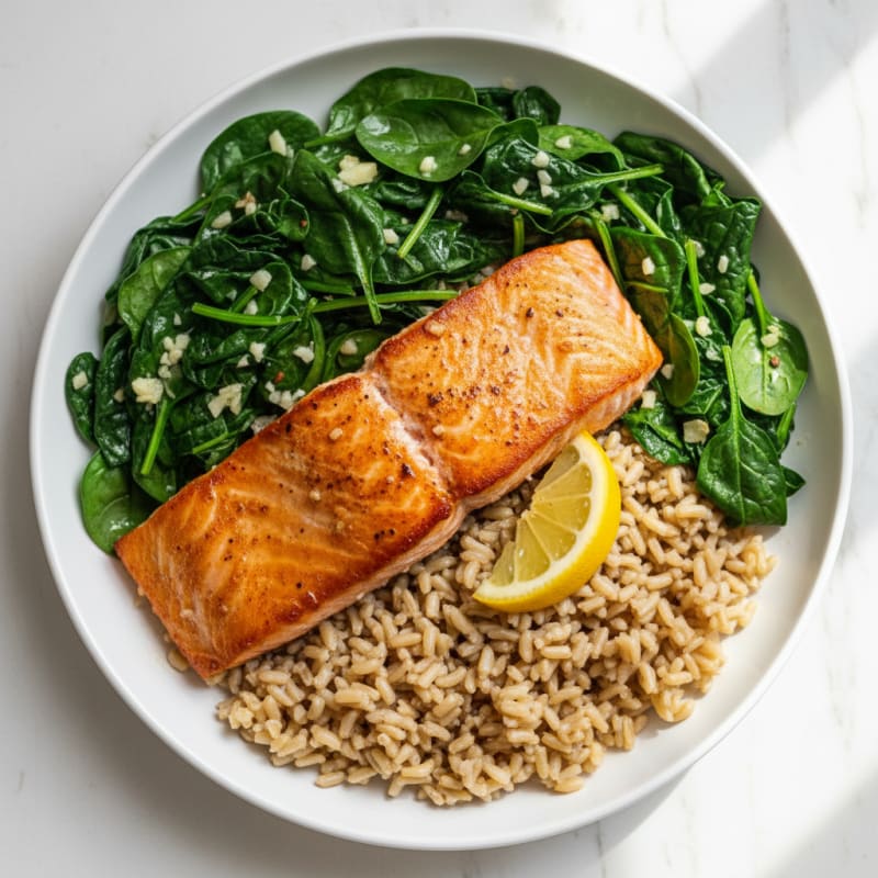 Seared Salmon with Garlic Sautéed Spinach and Brown Rice