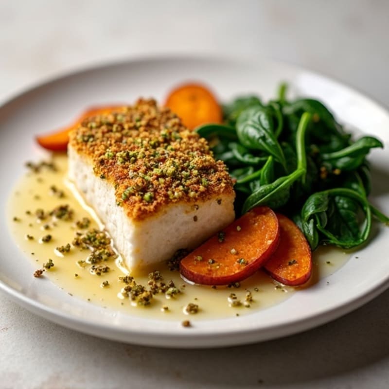 Pistachio-Crusted Cod with Roasted Sweet Potatoes and Garlicky Spinach