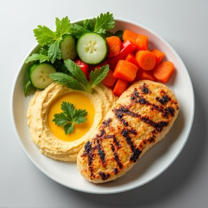 Creamy Hummus with Fresh Crispy Vegetables and Grilled Chicken