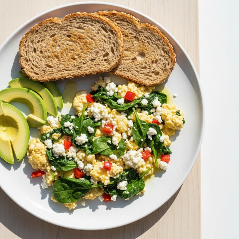 Egg White Veggie Scramble with Cottage Cheese and Fresh Spinach