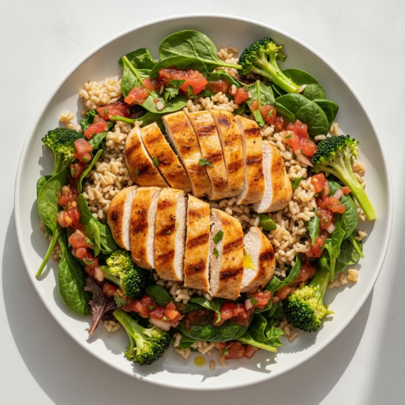 Grilled Chicken Breast Salad with Brown Rice and Salsa Vinaigrette