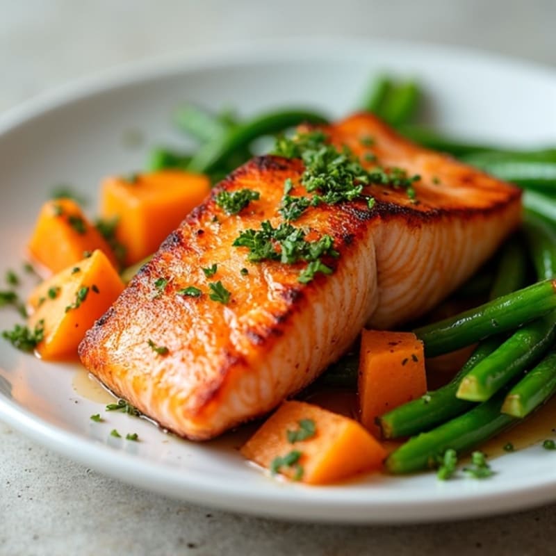 Seared Salmon with Roasted Sweet Potatoes and Green Beans