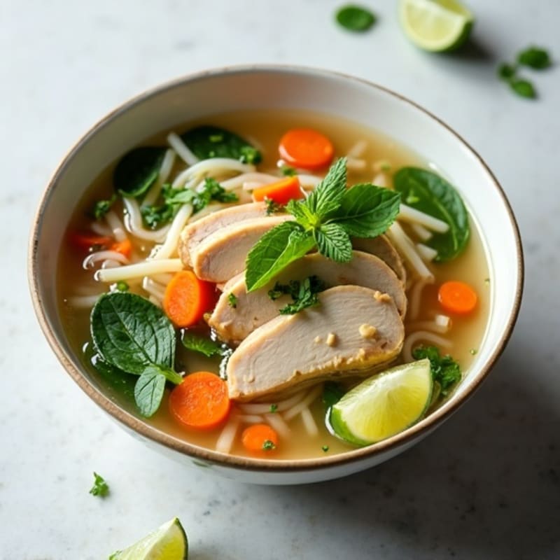 Fragrant Chicken and Rice Noodle Soup with Fresh Herbs