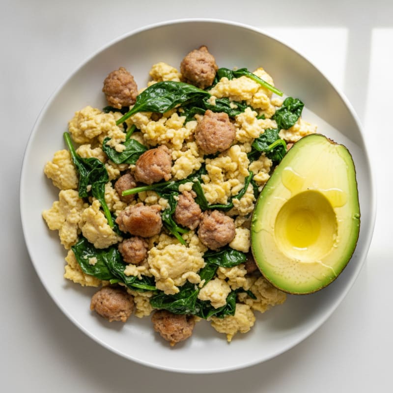 Egg White Scramble with Turkey Sausage and Sautéed Spinach