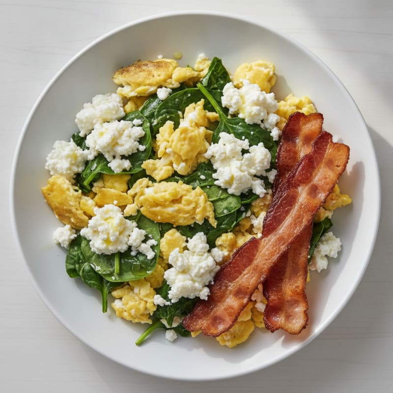 Cottage Cheese Scramble with Spinach and Turkey Bacon