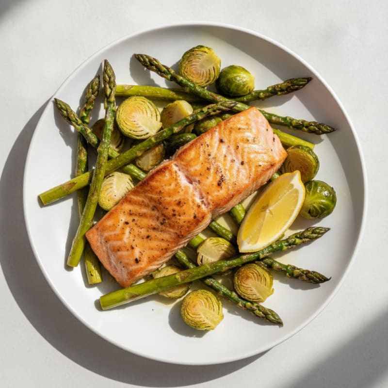 Pan-Seared Salmon with Roasted Asparagus and Brussel Sprouts