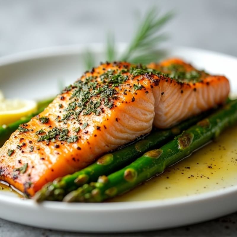 Herb-Crusted Pan Seared Salmon with Garlic Roasted Asparagus
