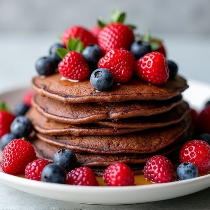 Fluffy Chocolate Protein Pancakes with Fresh Berries
