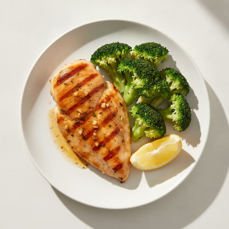 Grilled Chicken Breast with Steamed Broccoli and Lemon