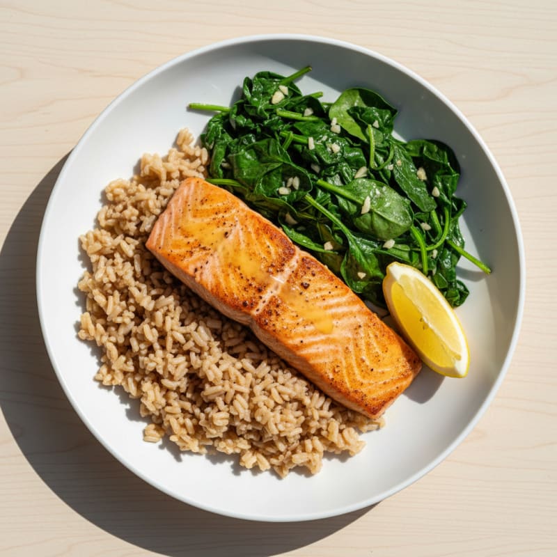Seared Salmon with Garlic Spinach and Brown Rice