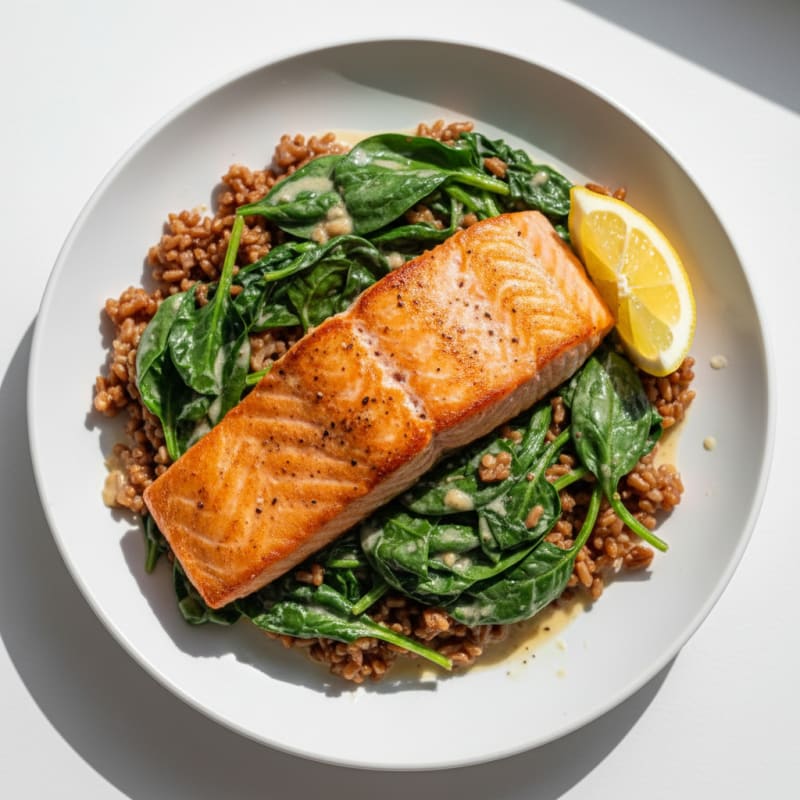 Seared Salmon Fillet with Creamy Spinach and Brown Rice