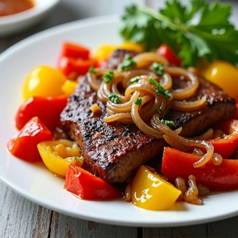 Lean Sautéed Steak with Crisp Bell Peppers and Caramelized Onions
