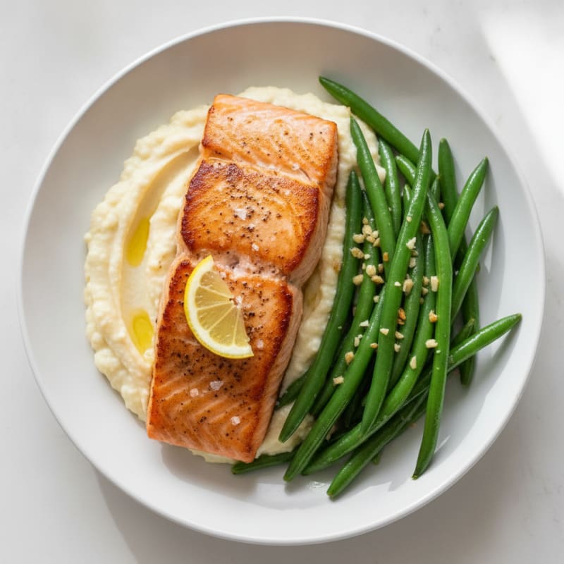 Seared Salmon with Garlic Green Beans and Cauliflower Mash
